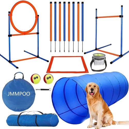 Agility Dog Agility Kit 65 Pieces with Dog Tunnel, Obstacles, 8 Slalom Bars, Jump Ring, 2 Tennis Balls, Break Box, Treat Bag, Treat Bag, Dog Bag