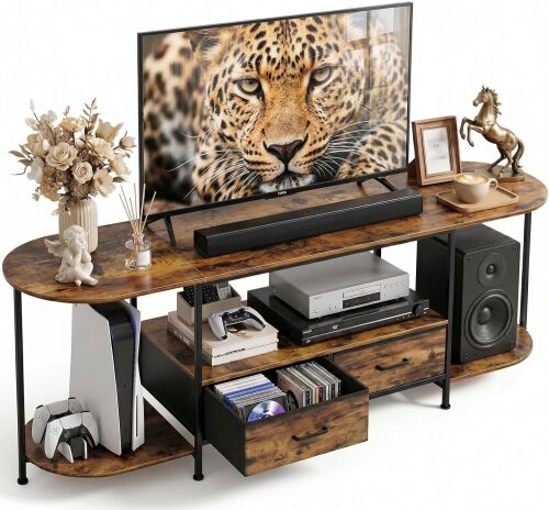 Faesun 63" TV Stand for 60-75 Inch TVs, Curved Edge Media Console & Entertainment Center with 2 Fabric Drawers, Modern Rustic TV Console Table for Living Room, Soccer Watch Party Setup，Rustic Brown