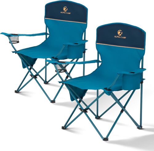 ALPHA CAMP Folding Camping Chairs for Adults Lawn Chairs Outdoor Chairs Support 250 LBS Portable Camp Chairs with Cup Holders Cooler Pouch for Outdoor, 2 Pack