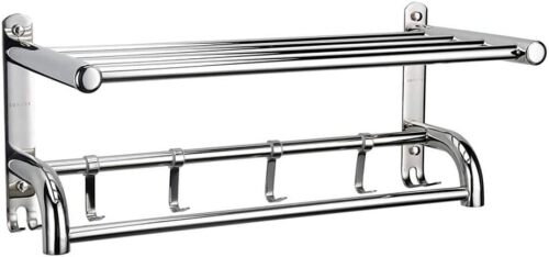 Towel Rack, Bathroom Towel Rack, Wall Mounted Double Towel Holder,304 Stainless Steel Polished Towel Shelf, with Towel Bar Holder and Hooks
