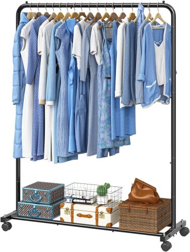 Simple Trending Clothing Rack for Hanging Clothes, Portable Garment Rack with Bottom Shelf, Metal Clothes Rack on Wheels for Bedroom, Laundry Room, Black