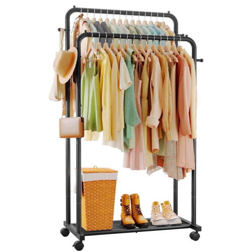 Sakugi Clothes Rack, Double-Rod Garment Rack with Hooks & Mesh Shlef, Versatile Clothing Racks for Hanging Clothes, Hats, Bags, Portable Hanger for Bedroom, Laundry