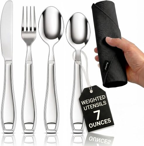 BUNMO Weighted Utensils for Hand Tremors - Elderly, Weak Hand Grip & Handicapped - Stainless Steel - Eat Independently