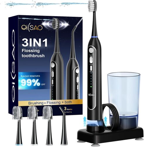 Electric Toothbrush with Water Flosser Combo, 3-in-1 Sonic Flossing Electric Toothbrush for Travel & Home, 330ml Easy-Clean Cup, 5 Speeds & 3 Modes for Braces, IPX7, 30-Day Battery, Black