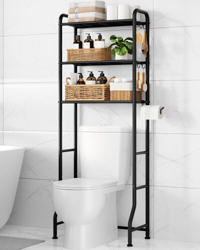 Kitsure Over Toilet Storage Rack - Metal Over Toilet Bathroom Organizer Shelf, Over the Toilet Storage Cabinet with Paper Holder and Hooks, Bathroom Cabinet for Laundry, Black, 3 Tiers