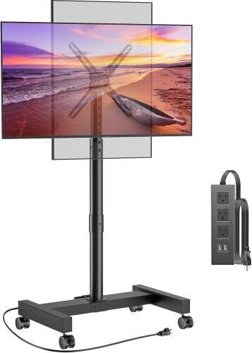 Perlegear Rolling TV Stand with Power Outlet, Tilt & Rotation TV Cart - Ideal for 26-50 Inch TVs up to 55 lbs, Featuring 8 Height Settings, Max VESA 300x300mm