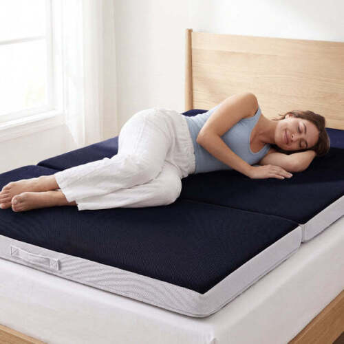 TWIN XL - 4in Portable Mattress Topper, Tri-Fold Mattress Pad - Midnight Blue