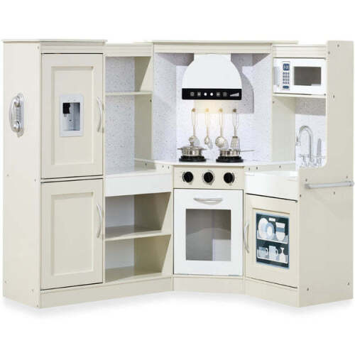 Pretend Play Corner Kitchen Wooden Toy Set for Kids w/ Lights, Sounds