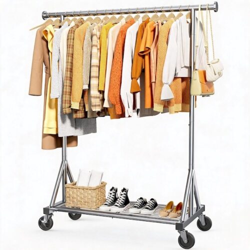 Sakugi Silver Heavy Duty Steel Rolling Clothing Rack with Lockable Wheels