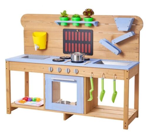 VEVOR Wood Outdoor Play Mud Kitchen with Stove, Hooks, Double Sinks, Planting Shovels, Spatulas, Cookware Pots and Accessories