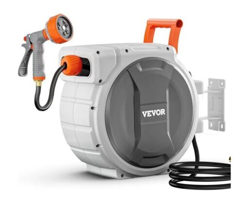 VEVOR Wall Mounted Retractable Garden Hose Reel, 5/8 Inch x 100 ft, 9 Patterns Nozzle, Any Length Lock, Upgraded Slow Return System and 180°Swivel Bracket
