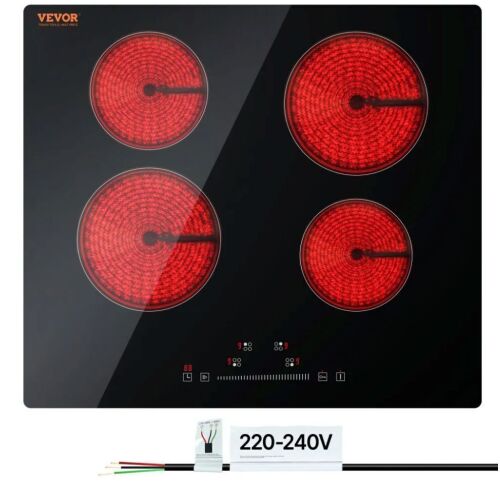 VEVOR 4 Burner Built in Electric Stove Top, 23.2 x 20.5 inch, 240V Glass Radiant Cooktop with Sensor Touch Control, Timer & Child Lock Included, 9 Power Levels