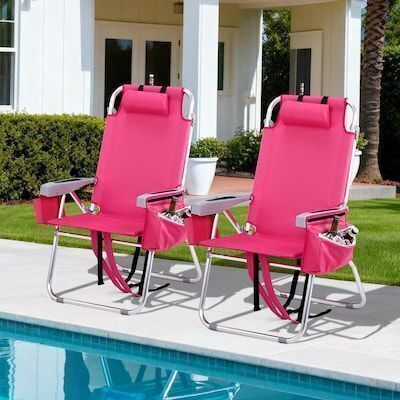 VINGLI 2 Pack 16-in Beach Chair with 5-Position Cooler Bag Cup Holders and Towel Bar Pink