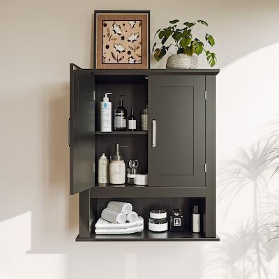 VINGLI 25W x 21H Black Medicine Cabinet with Open Shelf and 2 Doors