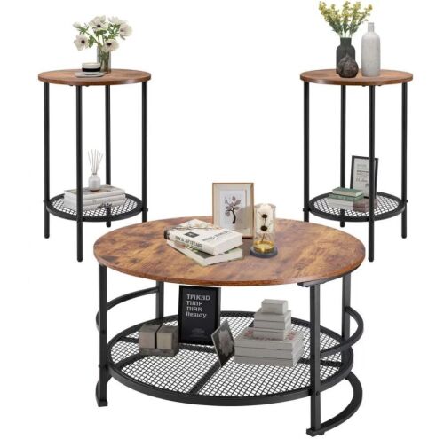 VEVOR 3 Pieces Round Coffee Table Set, 31.5 in Industrial Living Room Table with 2 End Side Tables