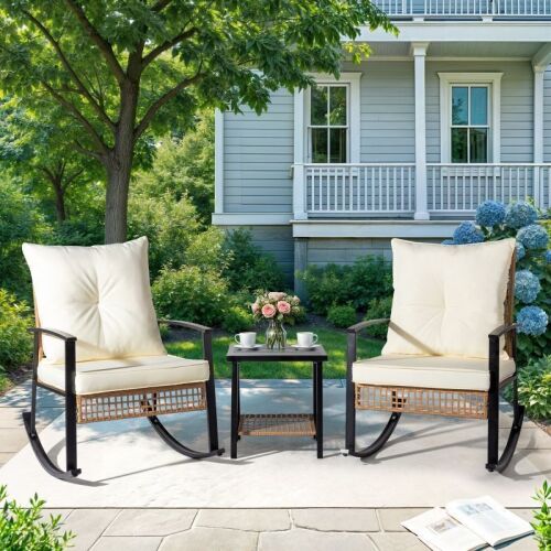 3-Piece Rocking Patio Set, Rattan Chairs with Thick Cushions & 2-Tier Table - Incomplete Hardware