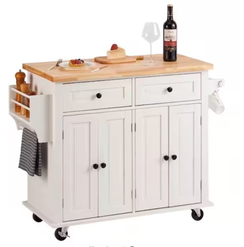 Vevor Kitchen Island Cart with Solid Natural Wood Top 35.4 Width Mobile Carts with Storage Cabinet Portable on Wheels, White - Damaged Piece
