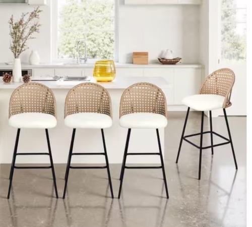 Uixe 40.55 in. H Woven Wicker Low Back Metal Bar Stool with Beige Chenille Fabric Seat Cushion(set of 4)