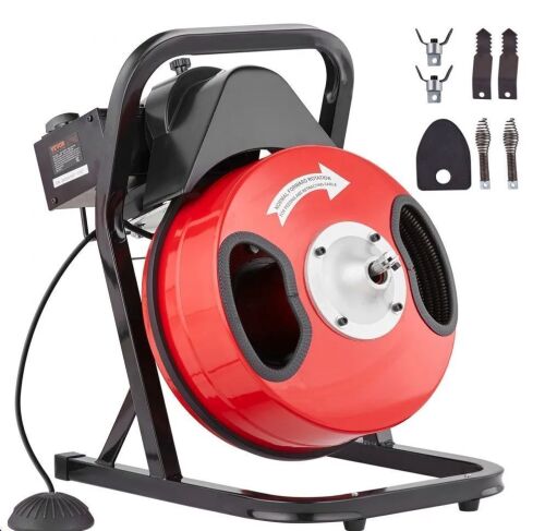 VEVOR Drain Cleaner Machine 50FT x 1/2 Inch, Manual Feed Sewer Snake Auger - with 4 Cutters & Air-activated Foot Switch for 2" to 4" Pipes