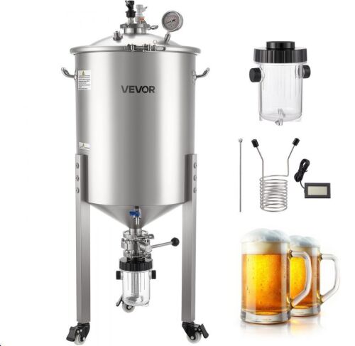 VEVOR Pressure Fermenter 15 PSI, 16 Gal/60L All-in-One Stainless Steel Conical Secondary Fermentation Bucket, with Cooling Tube, Yeast Slurry Collection Bottle