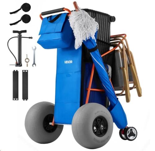 VEVOR Heavy Duty Folding Beach Cart with 12" Balloon Wheels for Sand, 165 lbs Load Capacity