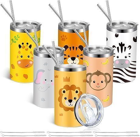 20 oz Safari Animal Tumblers with Lids & Straws, 6 Pack