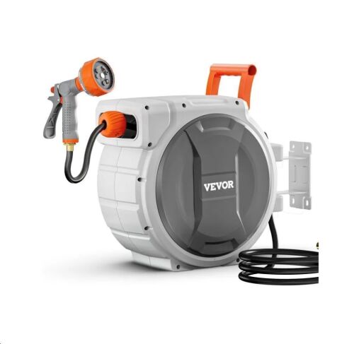 VEVOR Retractable Garden Hose Reel, 5/8 Inch x 100 ft Wall Mounted, 9 Patterns Nozzle, Any Length Lock, Upgraded Slow Return System and 180°Swivel Bracket