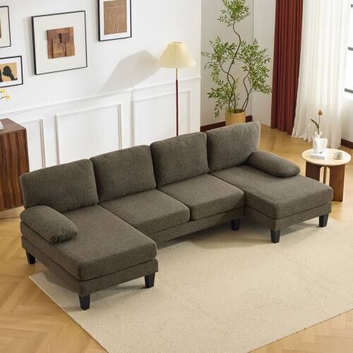 112" Sectional Chenille Upholstery U-Shape 4 Seat Sofa Set with Double Chaises & Wood Grain Legs