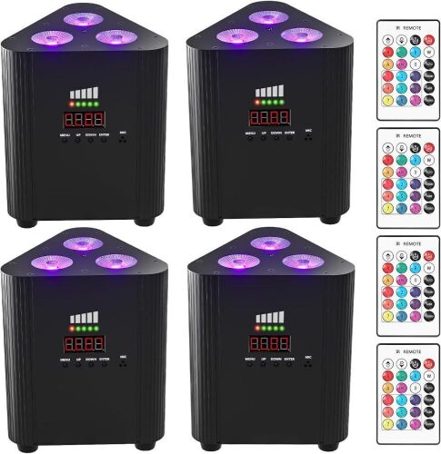 3X6W Battery Powered LED Par Lights Uplighting, Remote DMX Sound Activated Cordless, 4 Pack