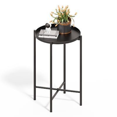 VINGLI 15W x 25H Round Metal Side Table with Removable Tray