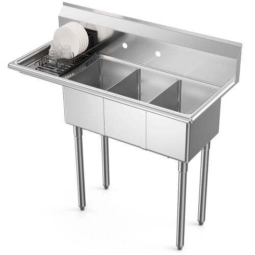 ROVSUN 44" x 20" 3 Compartment Stainless Steel Sink with Left Side Drainboard