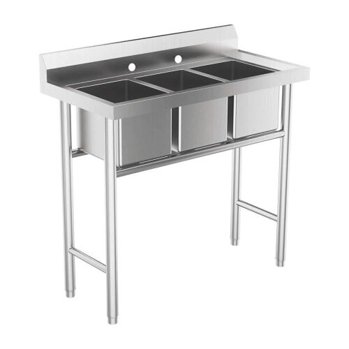ROVSUN 39" x 18" 3 Compartment Stainless Steel Sink with Backsplash