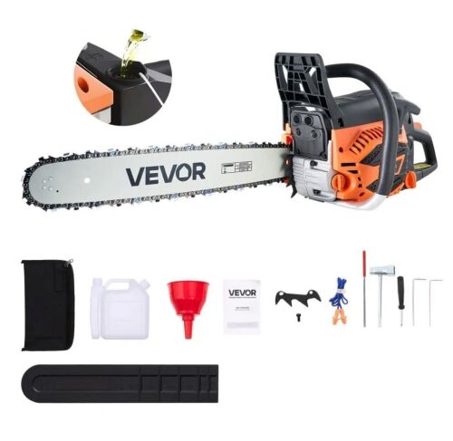 VEVOR 62 cc 20 inch Gas Powered Chainsaw, 3.8 HP, Non-Slip Handle, Dual Fuel Tanks