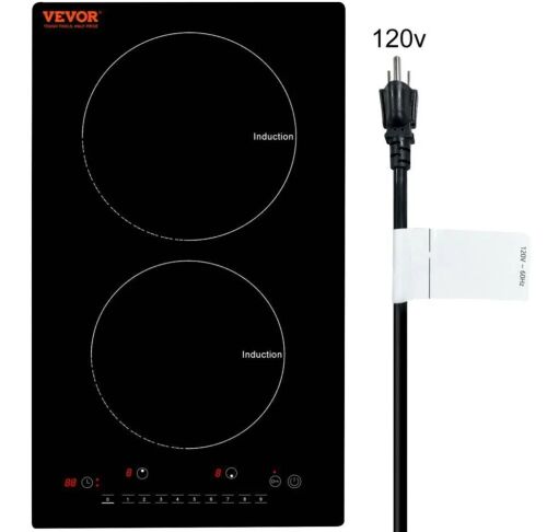 VEVOR Electric Cooktop, 2 Burners, 12'' Induction Stove Top, Built-in Magnetic Cooktop 1800W, 9 Heating Level, LED Touch Screen w/ Child Lock & Over-Temperature Protection