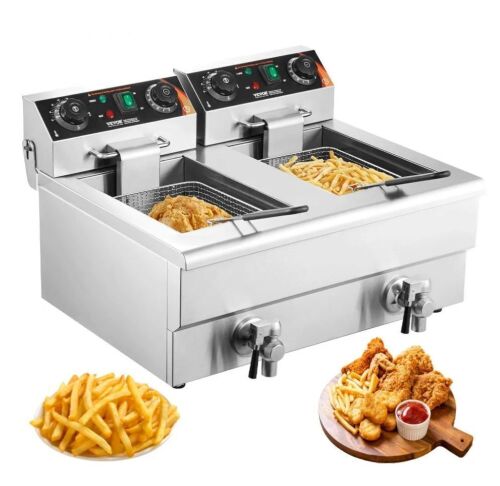 VEVOR Commercial Dual Tank 3000W Electric Countertop Fryer with Basket, 2 x 11.6Qt, Oil Filtration, Time & Temp Control