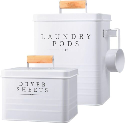 Laundry Pod Container and Dryer Sheet Holder with Scoop