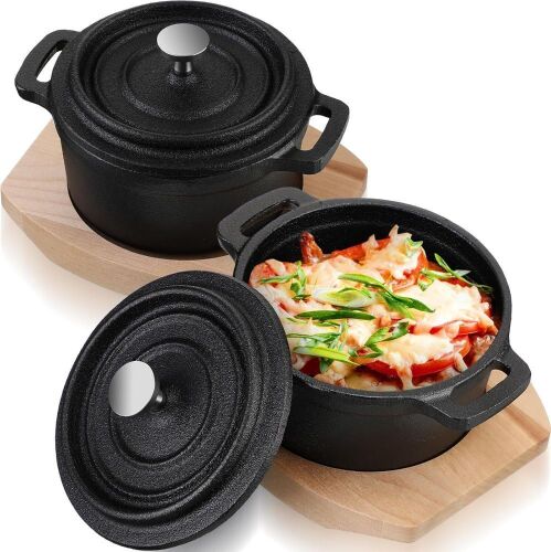 20 oz Mini Cast Iron Dutch Oven with Lid and Wooden Base, Set of 2