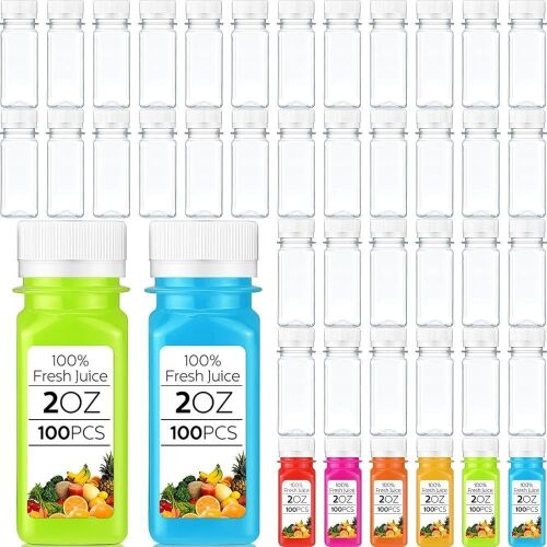 2oz Small Clear Plastic Juice Bottles with Lids, 100pc