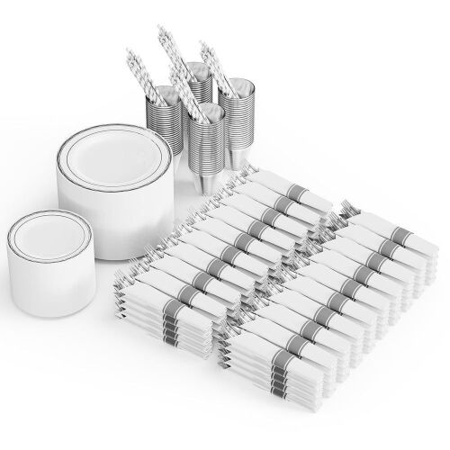 ROVSUN 800 Pieces Pre Rolled Napkins Silver Disposable Plastic Dinnerware Set for 100 Guests