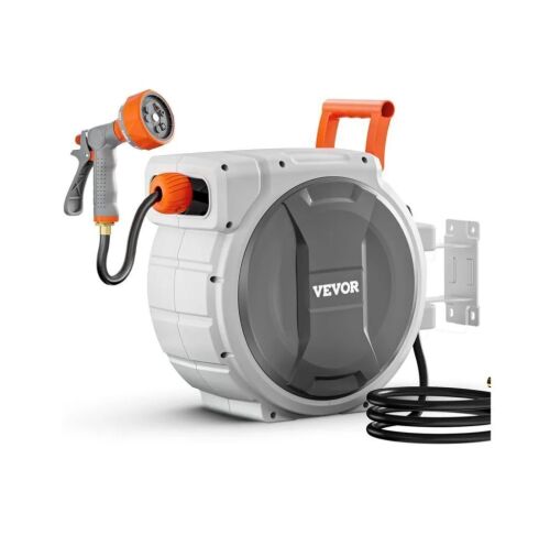 VEVOR Wall Mounted Retractable Garden Hose Reel, 5/8 Inch x 100 ft, 9 Patterns Nozzle, Any Length Lock, Upgraded Slow Return System and 180°Swivel Bracket
