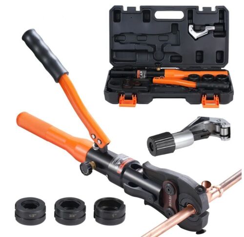 VEVOR Copper Pipe Crimping Tool, Hydraulic Driven Press Tool with 1/2", 3/4", 1" VUS Jaws