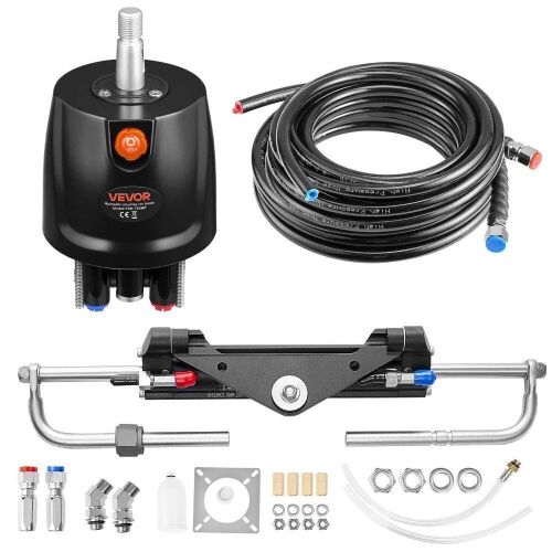 VEVOR Marine Boat Hydraulic Steering Kit, 150 HP, 6.9 MPa/1000 psi Helm Pump, Two-Way Lock Cylinder, and 24ft High-Strength Hoses, for Single Station, Single-Engine Use