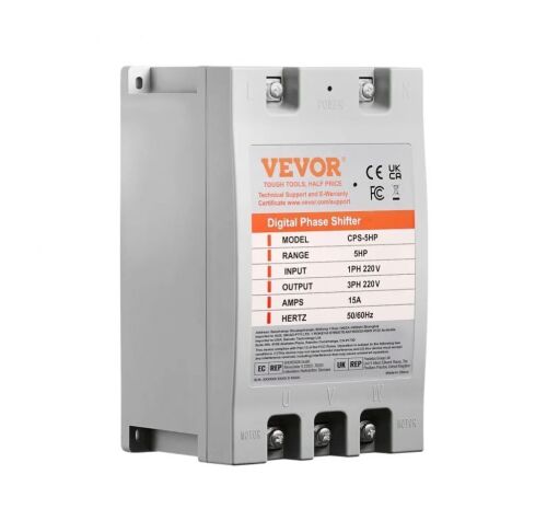 VEVOR 3 Phase Converter - 5HP 15A 220V Single Phase to 3 Phase Converter, Digital Phase Shifter for Residential and Light Commercial Use, 220V Input/Output