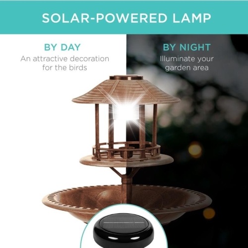 Solar Lighted Outdoor Pedestal Bird Bath w/ Planter, Decorative Bird Cage - Lot 116