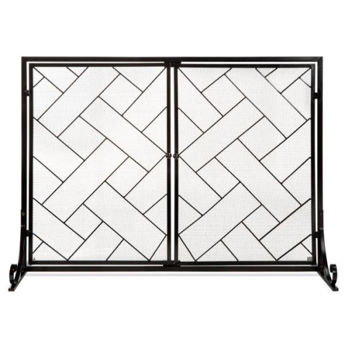 2-Panel Wrought Iron Geometric Fireplace Screen w/ Magnetic Doors - - Lot 141