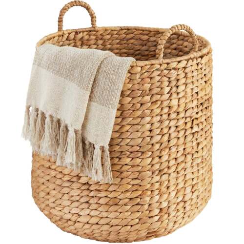 Round Storage Basket w/ Handles, Handwoven Water Hyacinth Tote