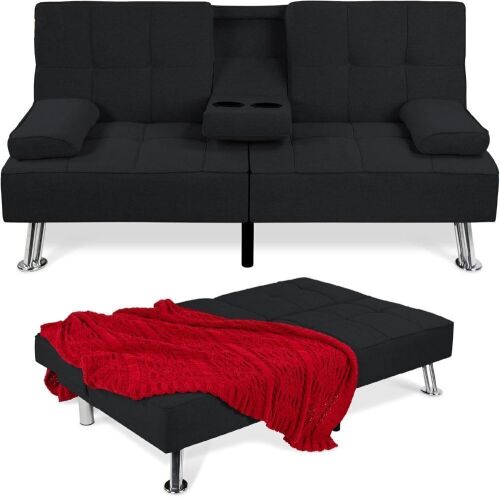 Linen Modern Folding Futon, Reclining Sofa Bed for Apartment, Dorm w/Removable Armrests, 2 Cupholders