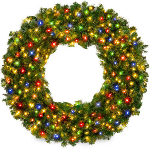 Pre-Lit Artificial Fir Christmas Wreath w/ Multicolor LED Lights, PVC Tips 30in