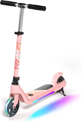 LINGTENG Electric Scooter for Kids Age 6-10, Kick-Start Boost Scooter with Adjustable Speed and Height, Flash Wheel & Deck Lights