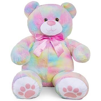 35in Giant Super Soft Plush Cuddly Teddy Bear Stuffed Animal Toy for Bedroom, Kids Playroom w/Bow Tie, Footprints - Pastel